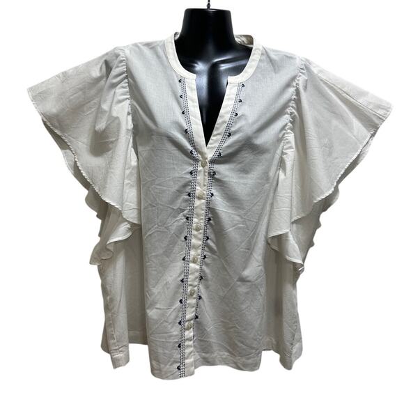 C&A White Bohemian Cap Sleeve Blouse XL Button Front Blue Decor Indie Capsule - Picture 2 of 8